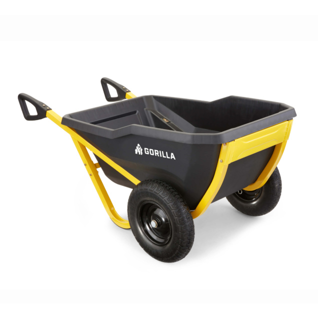 Heavy-duty Gorilla wheelbarrow, gray and yellow, with the logo on the side.