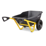 Heavy-duty black wheelbarrow with yellow frame, branded "Gorilla."