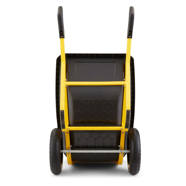 Yellow and black heavy-duty wheelbarrow with sturdy tires for tough tasks.