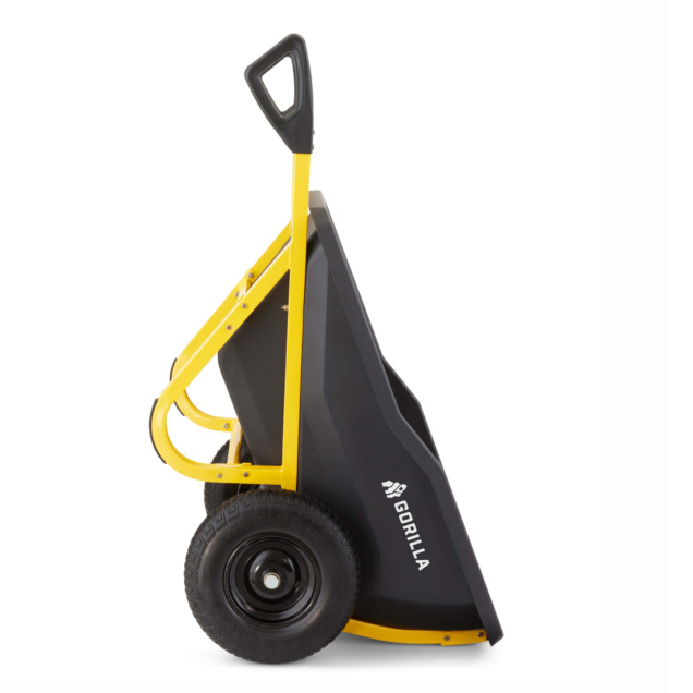 Gorilla Made hand truck, black and yellow, with large wheels and ergonomic handle.