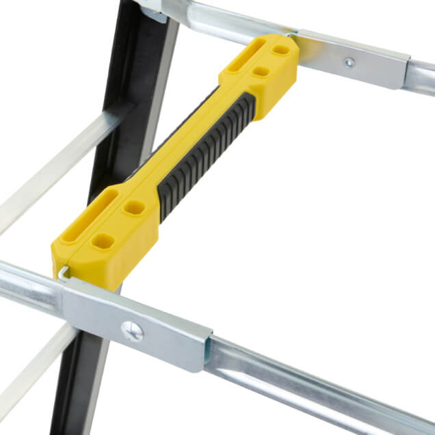 Close-up of the GF300 6B yellow and black handle on a metal ladder frame.