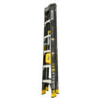 Black and yellow Gorilla ladder, 300 lb capacity, features multiple safety labels.