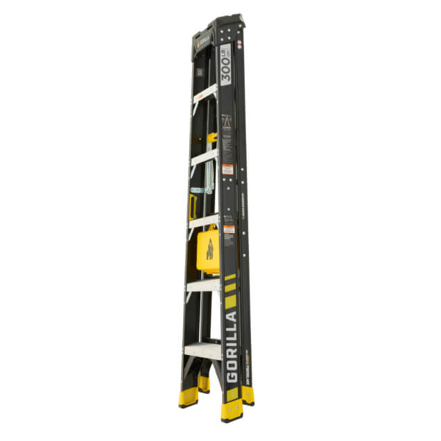Black and yellow Gorilla ladder, 300 lb capacity, features multiple safety labels.