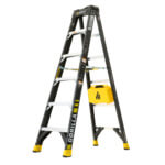 Black and yellow Gorilla ladder, 300 lbs capacity, with utility box attached.