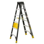 Black and yellow Gorilla ladder with 300 lb load label, features sturdy steps and platforms.