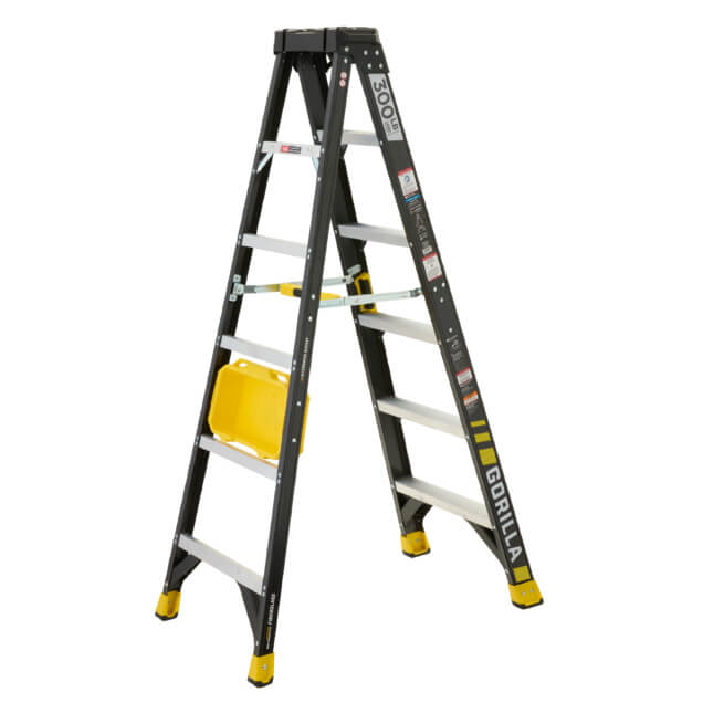 Black and yellow Gorilla ladder with 300 lb load label, features sturdy steps and platforms.