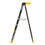 Black Gorilla ladder, 300 lb capacity, with yellow tray on top, shown against white.
