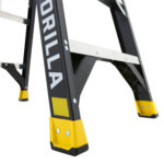 Black ladder with "GORILLA" text and yellow accents, focused on sturdy base.