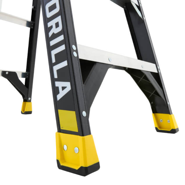 Black ladder with "GORILLA" text and yellow accents, focused on sturdy base.