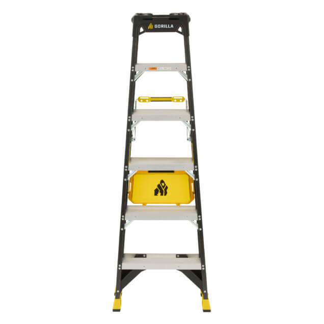 Gorilla Made ladder, black and yellow, featuring shelf with logo, GF300 6B.