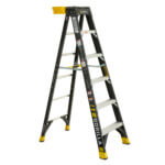 Gorilla ladder, black with yellow accents, 300 lbs capacity marked, suitable for tough tasks.