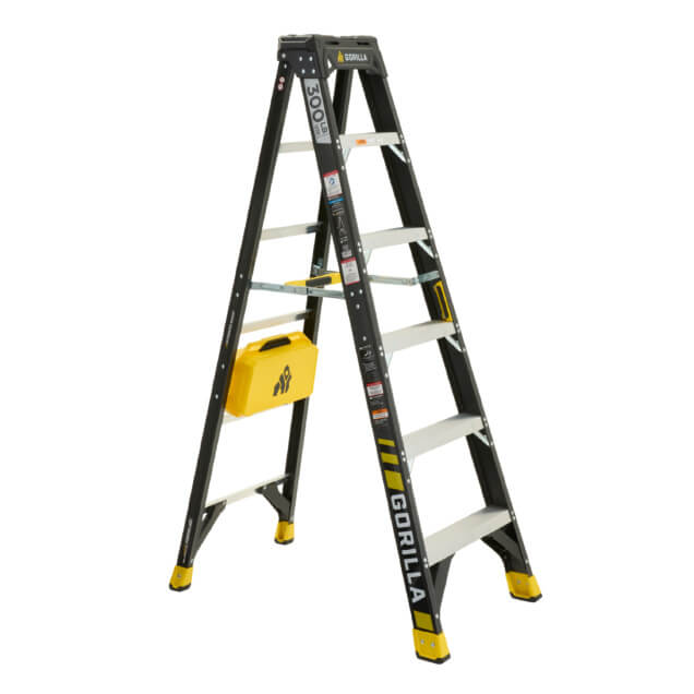 GF300 ladder with 300 lb capacity, black frame, yellow accents, and safety box.