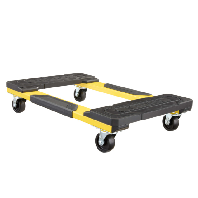 Yellow and black heavy-duty cart dolly with four swivel wheels, Gorilla Made.
