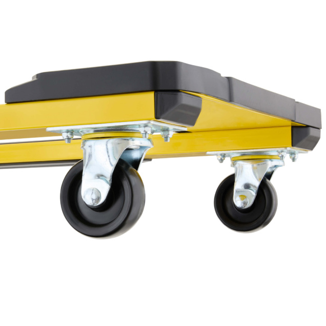 Yellow utility cart with black wheels, designed by Gorilla Made for heavy-duty tasks.