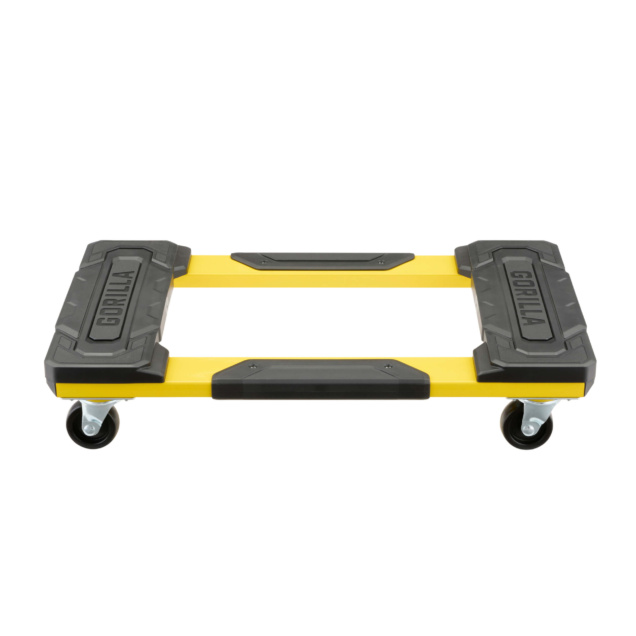Yellow and black Gorilla Made dolly with four swivel wheels and sturdy platform.