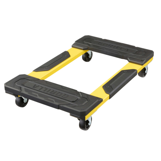Yellow and black Gorilla Made dolly with four wheels, "GORILLA" text on surface.