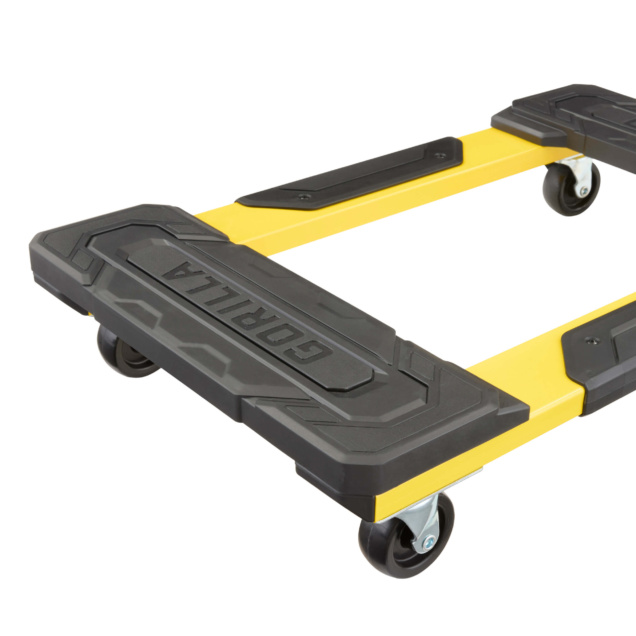 Heavy-duty yellow utility cart base with black padding and wheels. Text: "GORILLA".