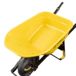Yellow Gorilla wheelbarrow with black handles and tire, designed for heavy-duty use.
