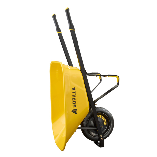 Yellow Gorilla wheelbarrow with black handles and flat-free tire.