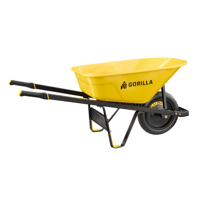 Yellow Gorilla wheelbarrow with black handles and a flat-free tire, featured on Gorilla Made.