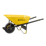 Yellow Gorilla wheelbarrow with black handles and flat-free tire, showcased on white background.