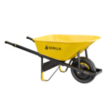 Yellow Gorilla wheelbarrow with black handles and flat-free tire; text: "GORILLA".