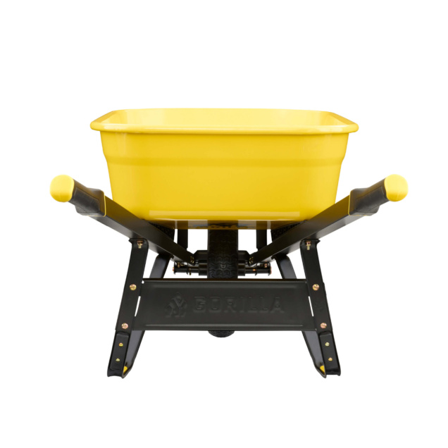 Yellow wheelbarrow by Gorilla Made with black frame and yellow handles.