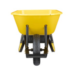 Yellow Gorilla Made wheelbarrow with black frame and single front tire.
