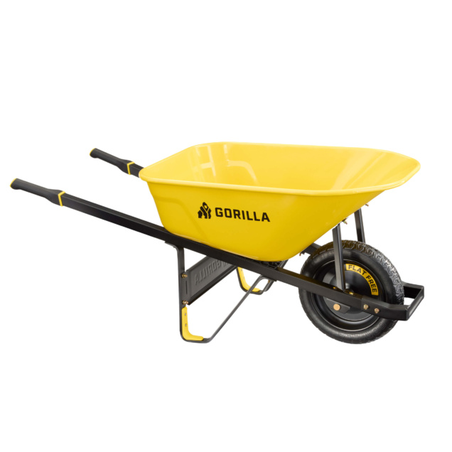 Yellow Gorilla brand wheelbarrow with one flat-free tire, emphasizing durability.