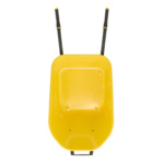 Bright yellow wheelbarrow from Gorilla Made, seen from above, with black handles.
