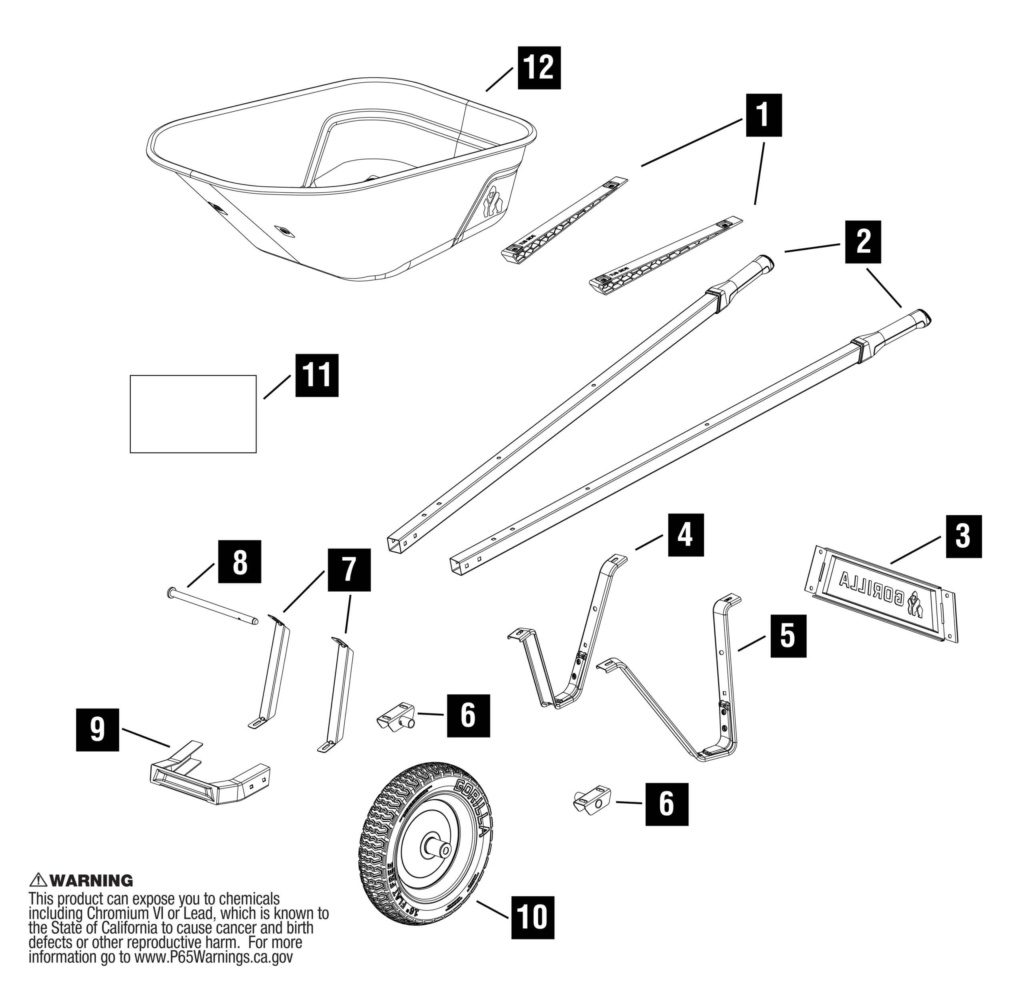 Exploded diagram of Gorilla Made wheelbarrow parts with numbered labels. "WARNING" text included.