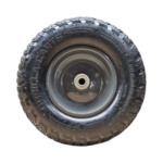 Black Gorilla Carts wheel with tread, displaying "Gorilla Carts" text on tire.
