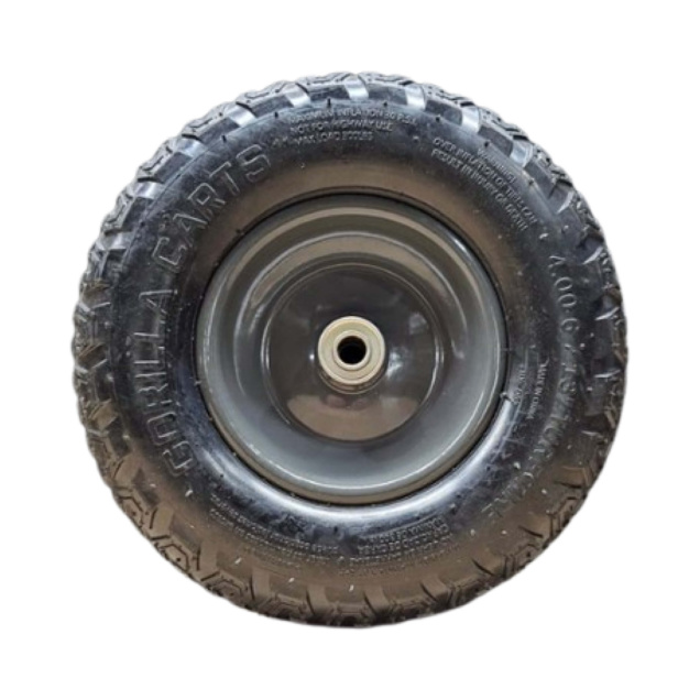 Black Gorilla Carts wheel with tread, displaying "Gorilla Carts" text on tire.