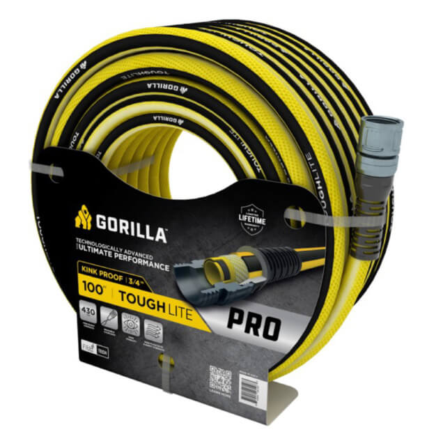 Gorilla ToughLite PRO hose, 100 feet long, black and yellow, kink-proof.