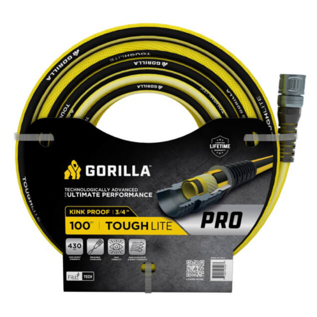 Gorilla ToughLite PRO kink-proof 100 ft hose in yellow and black packaging.