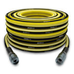 Yellow and black "Gorilla ToughLite" garden hose with metal connectors.