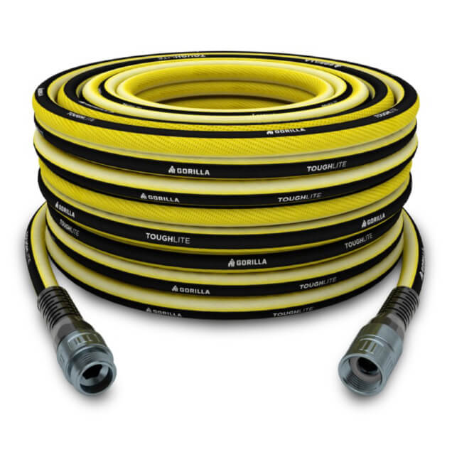 Yellow and black "Gorilla ToughLite" garden hose with metal connectors.