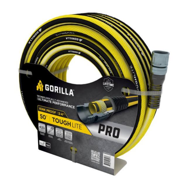 Gorilla ToughLite PRO 50' garden hose in yellow and black with kink-proof design.