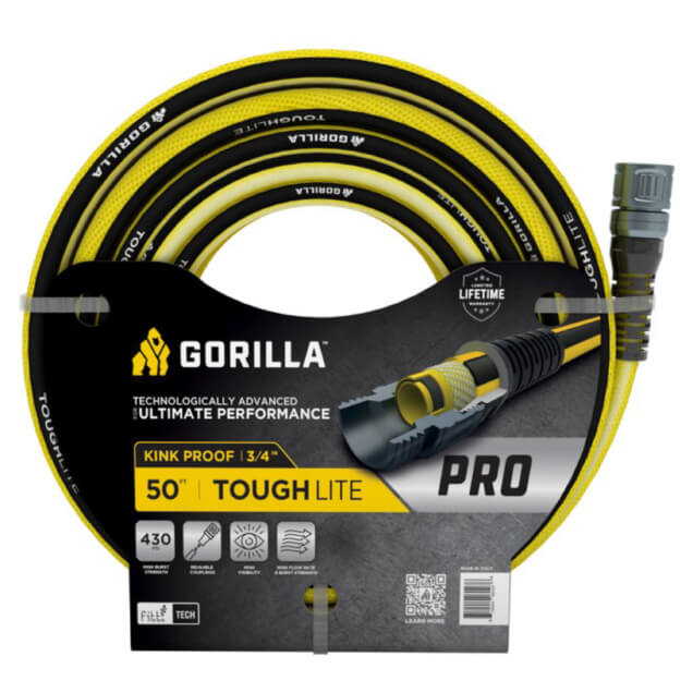 Yellow and black Gorilla ToughLite PRO 50 ft hose, kink-proof with durable coupling.