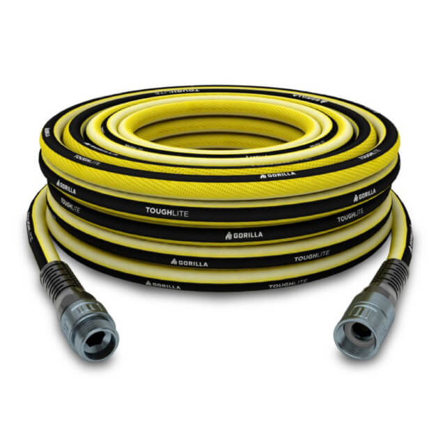 Coiled yellow and black Gorilla ToughLite PRO hose by with metal connectors.