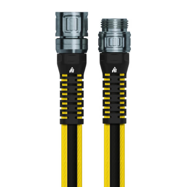 Heavy-duty Gorilla ToughLite PRO garden hose connectors, black and yellow design.