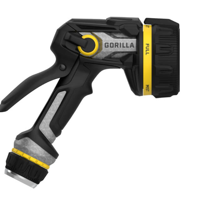 Black and silver Gorilla Made hose nozzle with yellow accents, marked "FULL" and "MIST".